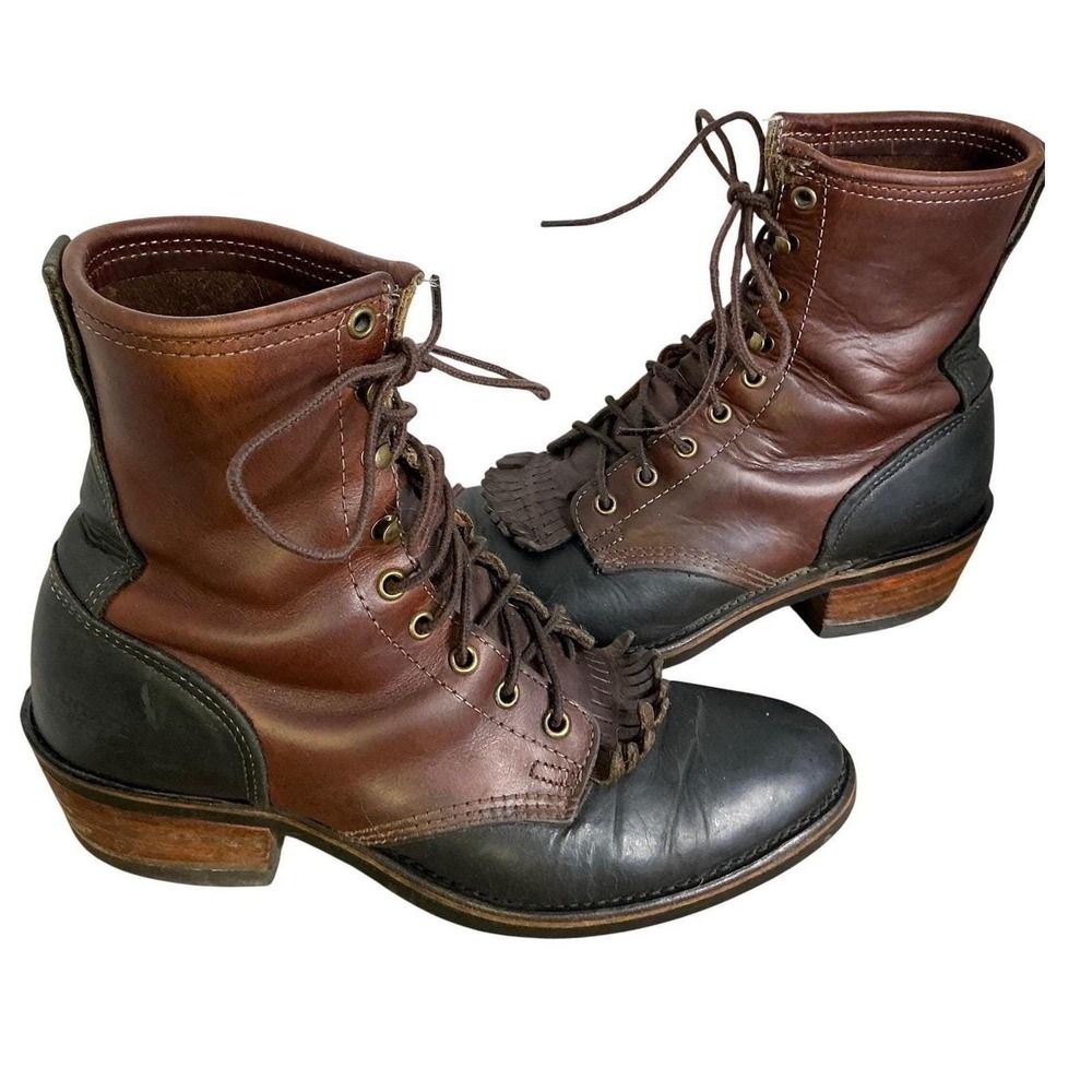 Santa Fe Boot Co Leather Packer Boots Brown Black Kiltie Granny Grunge Western